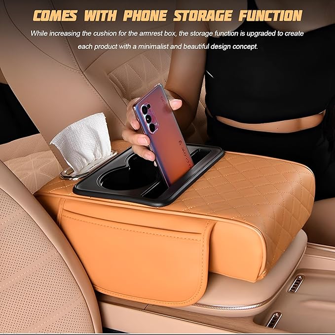 Zpana Car Center Console Armrest Pillow, Memory Foam Leather 4 in 1 Vehicle Arm Rest Cover with Tissue Box 2 Side Storage Bag Cup & Phone Holder, Auto Armrest Cushion, Universal Fit (Brown)