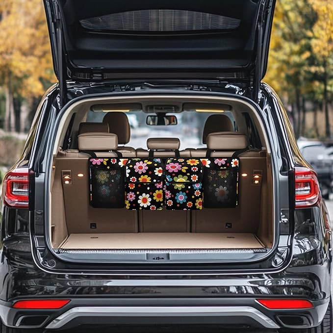 Trunk Organizer for Car Storage Organizer with 4 Pockets, Space-Saving Trunk Storage Organizer with 2 Pockets & 2 Mesh Pouches for Groceries, Hippie Floral Car Accessories for Women