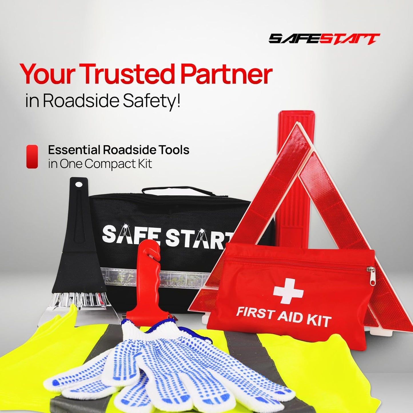 Car Emergency Kit - Car Safety Kit with First Aid, Safety Hammer, Reflectors, Gloves, Ice Shovel - Compact Roadside Tool Kit for Repairs, Snow, Accidents - Protect Your Family on The Road
