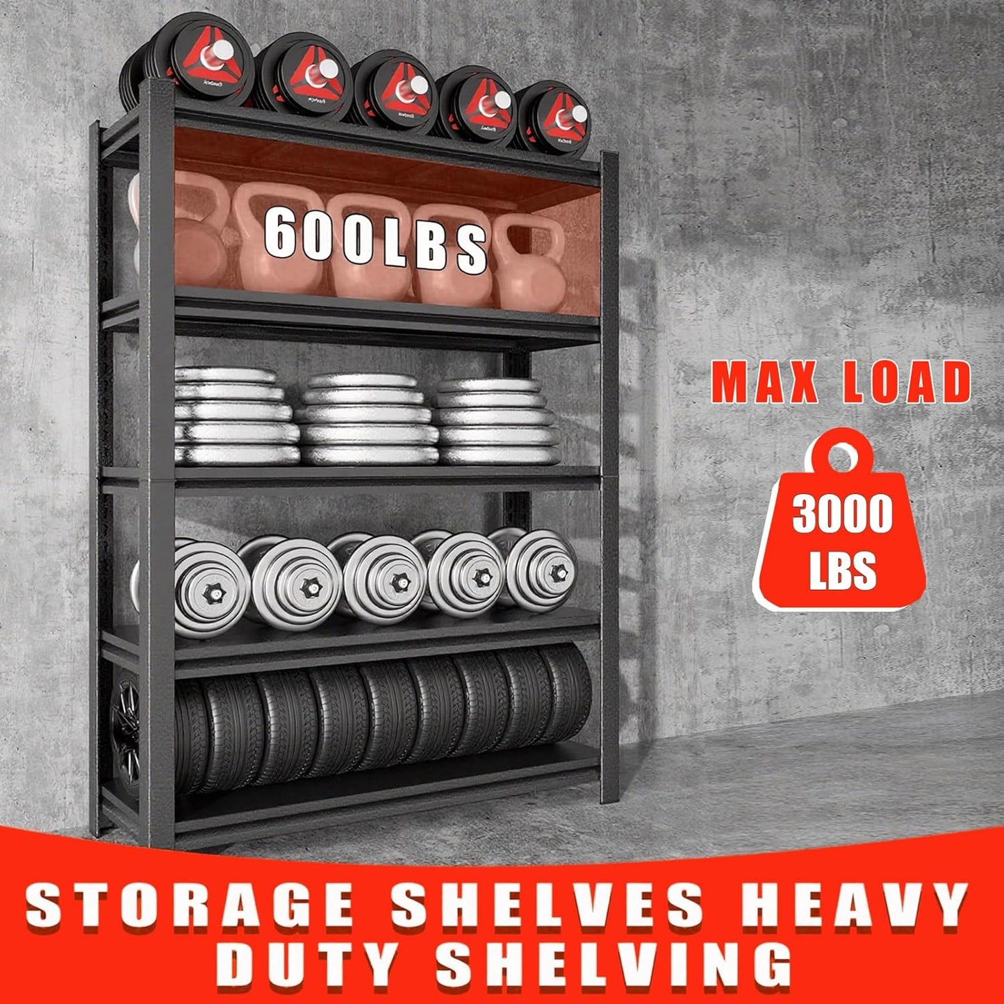63" H Garage Shelving 3000LBS Heavy Duty Steel Shelving Units, Adjustable 5 Tier Metal Industrial Garage Storage Shelves for Kitchen,Utility Room and Basement, 31.5''Wx15.87''Dx63''H, Black
