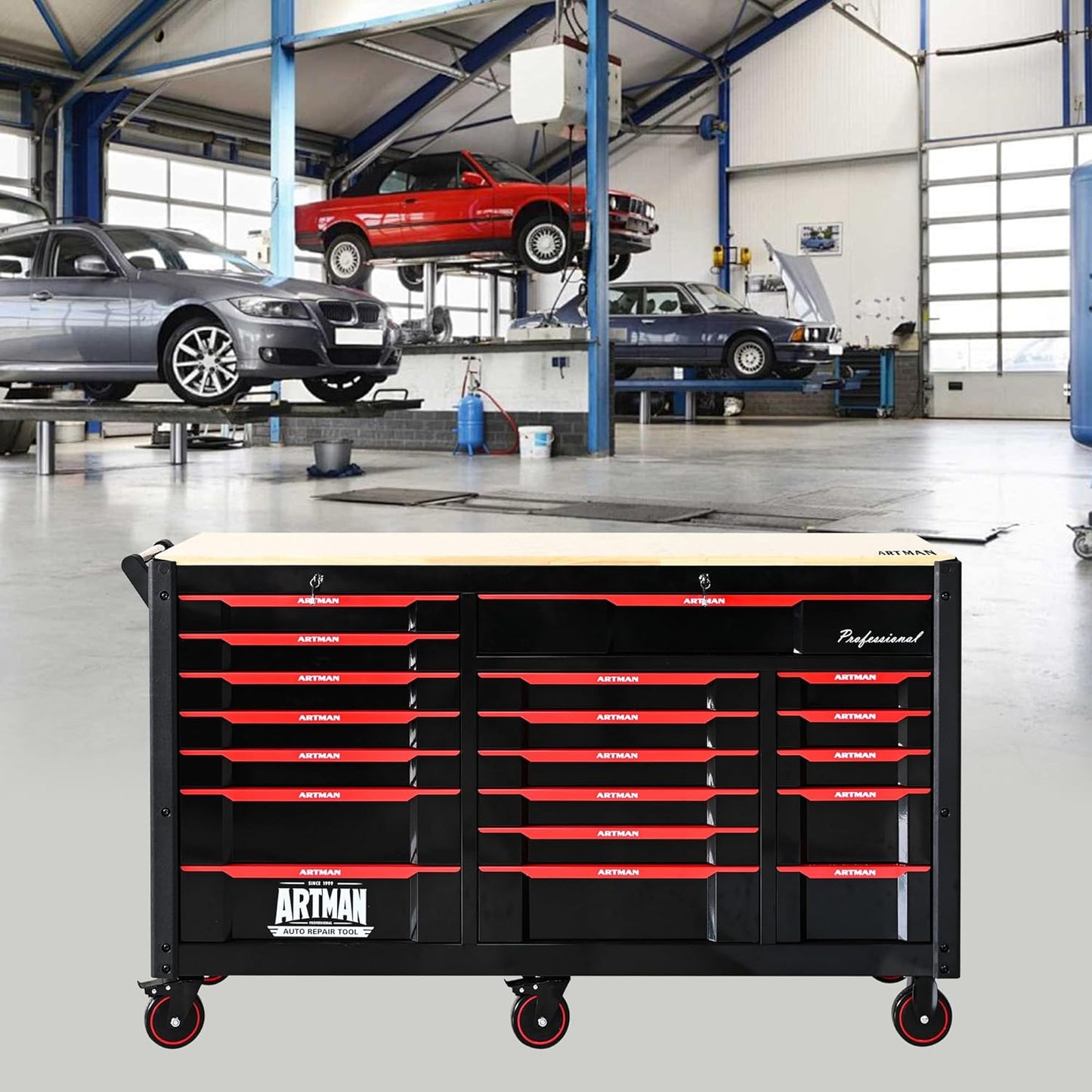 66-Inch Rolling Tool Chest and Workbench with Wheels & 19 Drawers, Lockable Storage Cabinet Stainless Steel for Garage Workshop (Tool Cart)