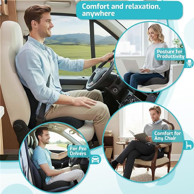 Trucker Seat Cushion, Car Seat Cushions with Lumbar Support Pillow, Ergonomic L-Shaped Orthopedic Memory Foam Pad for Long Driving Back Pain Sciatica Relief, Drivers Office Workers (Black+ Gray)