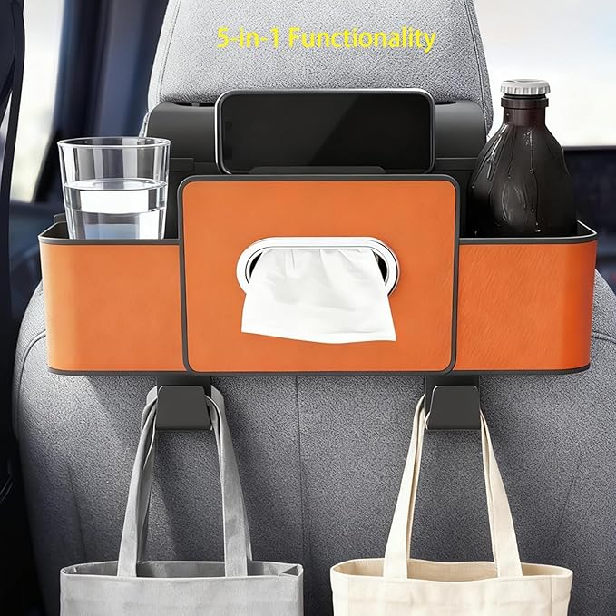3-in-1 Car Backseat Organizer with Dual Cup Holders, Seat Back Storage Box, Built-in Tissue Holder, Adjustable Universal Design for Neat and Practical Car Interior Storage (Brown)