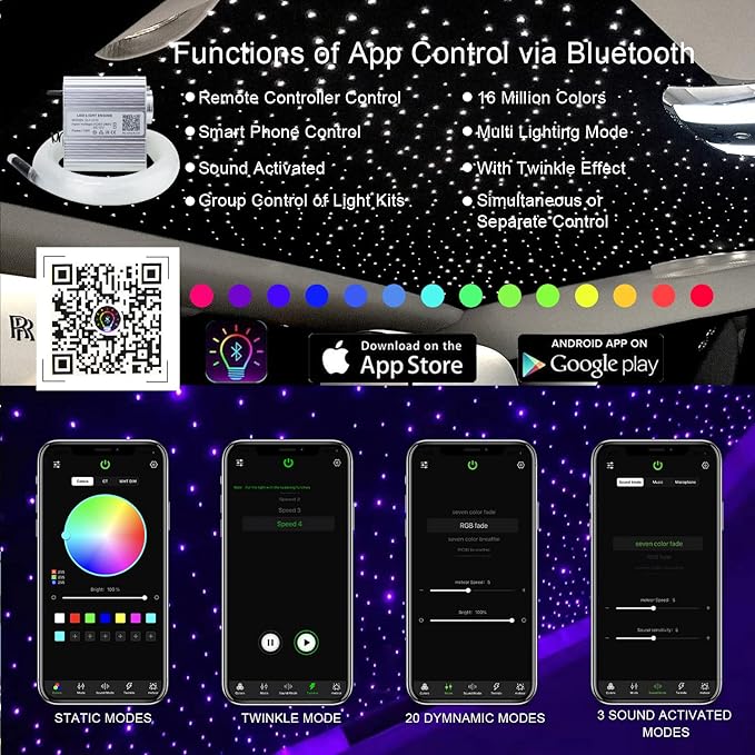 AKEPO Upgraded Car Home APP Fiber Optic Lights kit RGBW Twinkle + Music Effect Star Ceiling Sky Light, Optical Fiber Cable 450 Strands 0.03in/0.75mm 9.8ft/3m+ 28key RF Remote Control