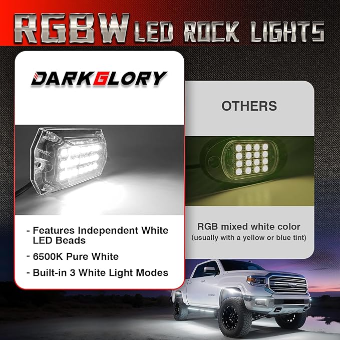 4 Pods Full Angle RGBW LED Rock Lights for ATV UTV RZR SXS Truck Jeeps Offroad,Waterproof Multicolor Neon Underglow Kit with APP/RF Remote, 12V Pure White Underbody Lights