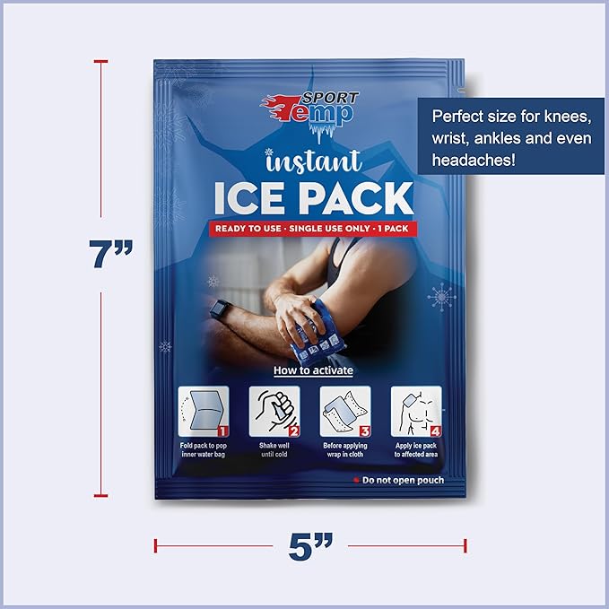 Sport Temp Instant Ice Cold Packs (7”x 5”) Disposable Ice Packs for Pain Relief, Swelling, Injuries, Toothaches, and Sprains – Cold Therapy for Athletes, First Aid, Travel & Outdoor Use (8 Pack)