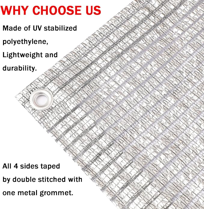 65% Aluminum Foil Shade Cloth with Grommets,10ft x 18ft, Mesh Sun Block Fabric Cover, Canopy, Privacy Screen for Outdoor Patio, Garden, Backyard, Silver