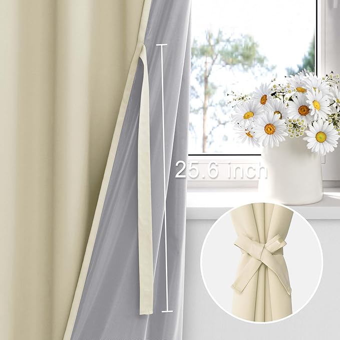 XWZO Total Blackout Curtains 54 Inches Long - Double Layer Full Room Darkening & Energy Efficiency Grommet Window Panels with Tiebacks for Short Windows/Basement, Beige, W52 x L54, Set of 2