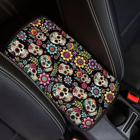 Dreaweet Hippie Flower and Skull Print Center Console Cover for Car Comfy Anti Scratch Armrest Cover Cushion Pad Universal Car Arm Rest Cover for SUV Truck Van