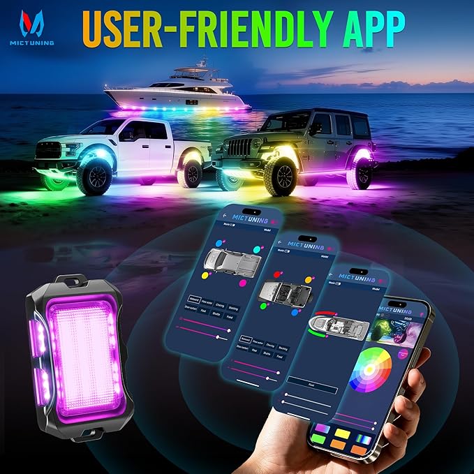 MICTUNING Q2+ MAX RGB+IC Rock Lights - 16 Pods Multi-Color DIY Effect Underglow Neon Kit, Individual Group Control, APP Music Sync, IP68 Waterproof