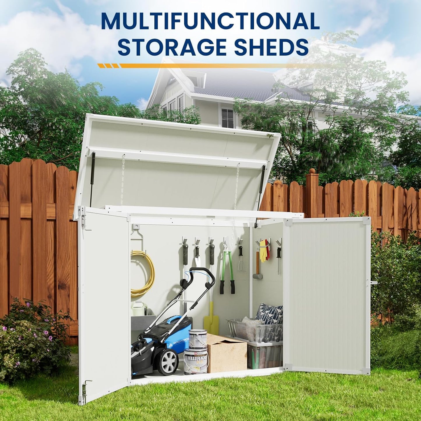 Amopatio 41 Cu Ft Outdoor Storage Shed, Horizontal Resin Trash Can Storage, Weather Resistance, Storage Box with Floor Included for Garden Tools, Lawn Mowers, Garbage Cans, Patio Use, Sandstone