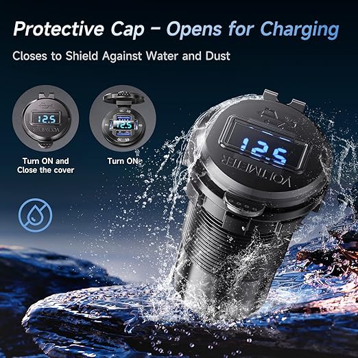 12V USB Charger with 4 Ports, Upgraded Aluminum Alloy Car Outlet with LED Voltmeter Display, for 12/24V Car Golf Cart Boat Marine Bus Truck RV Marine Motorcycle etc. (2PC)