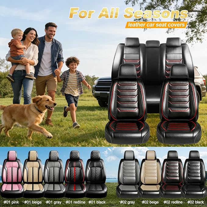 Fit Mazda 3 Car Seat Covers (Front Pair) for Select Mazda 3 2010-2019 - Full Coverage Leather, Airbag Compatible, Waterproof & All Weather Seat Cushion Protector, Black with Red Trim