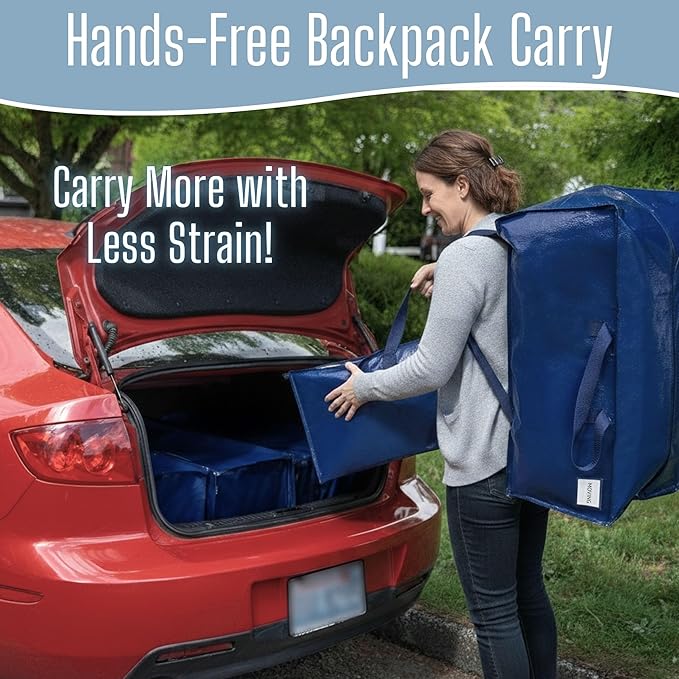 VENO 12 Pack Moving Bags w/Backpack Straps, Heavy Duty, Moving Boxes Alternative, Packing Supplies, Large Storage Totes for Dorm Room Essentials with Zipper for Clothes (Blue, 12 Pack)