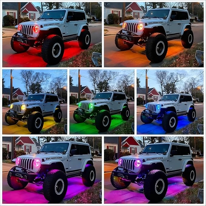 RGB LED Rock Lights Kit, 8 pods Multicolor Neon Light with Bluetooth App/Remote Control Flashing Music Mode, Aluminum Metal, IP68 Waterproof, 12v for Truck ATV UTV SUV