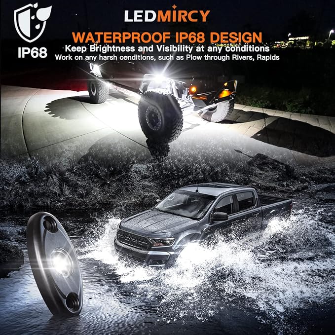 LEDMIRCY R1 Pure White LED Rock Lights 4PCS for Off Road Truck Auto Car Boat ATV SUV Waterproof High Power Neon Trail Lights Underglow Light Interior Exterior Shockproof(4PCS White)