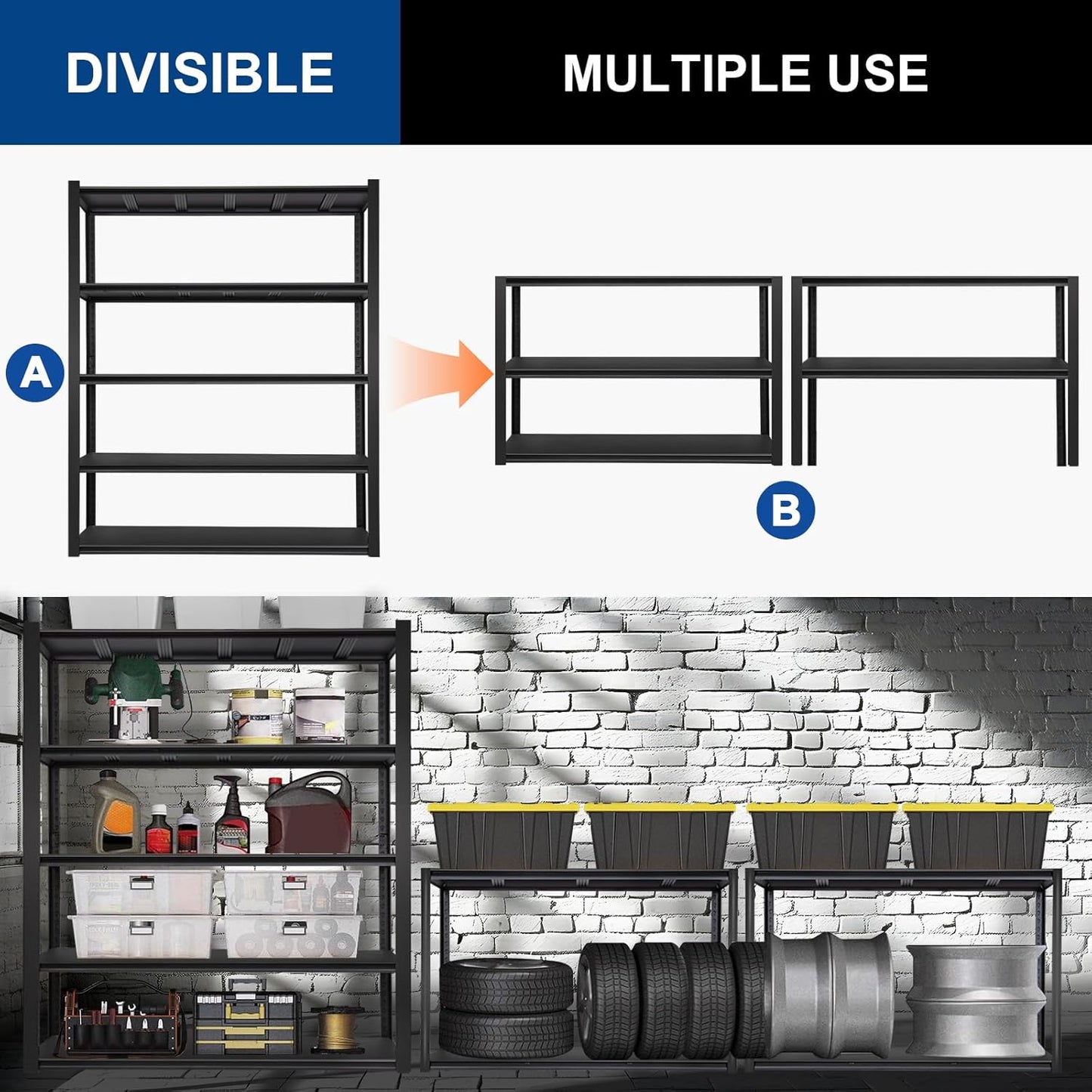 BILT HARD 5-Tier 48" W x 24" D x 72" H Garage Shelving, 3500 lbs Industrial Heavy Duty Storage Shelves, Metal Shelving Units with Adjustable Shelf, Steel Utility Shelves for Garage
