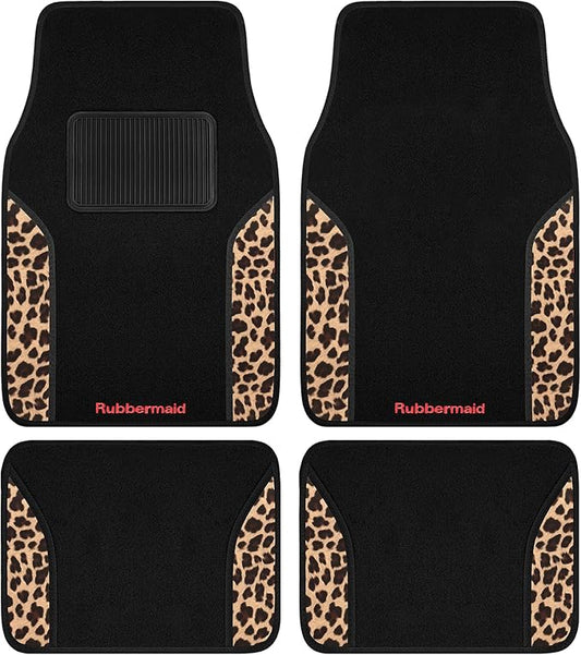 Rubbermaid Car Mats, Carpeted Floor Car Mat with Faux Leather & Built-in Heel Pad, Two-Tone Car Rug Floor Mats, Stylish Carpeted Floor Mats for Cars, Trucks & SUVs Leopard Patten Design