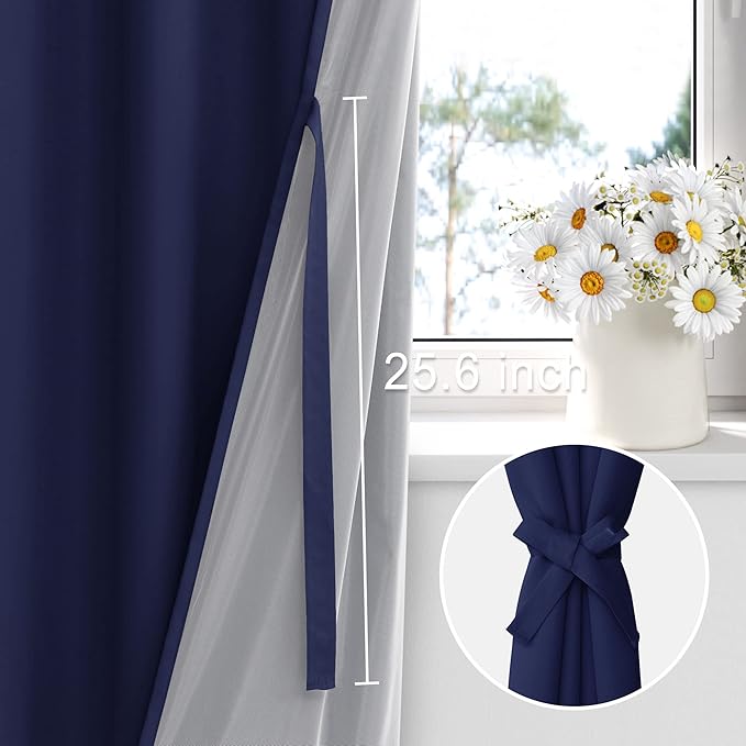 XWZO 100% Blackout Curtains 63 Inches Long with Tiebacks- Full Shade Window Drapes Thermal Insulated Double Layer with Black Liner for Bedroom/Living Room, Grommet, Navy Blue, W42 x L63, Set of 2
