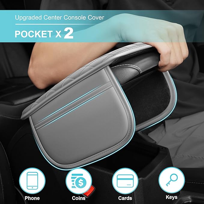 Center Console Cover Fit for Kia Sportage 2005-2025 with 2 Storage Bags Waterproof Leather Quilted Pattern Car Armrest Cover Cushion Anti - Slip(Grey&White Line)