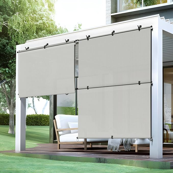 Bynbbur 4'W x 12'H Outdoor Patio Shades Foldable Roller Blinds, 220 GSM Sun Shade Roll Up Porch Screens Exterior Shade Cloth for Deck Pergola Backyard, Light Gray