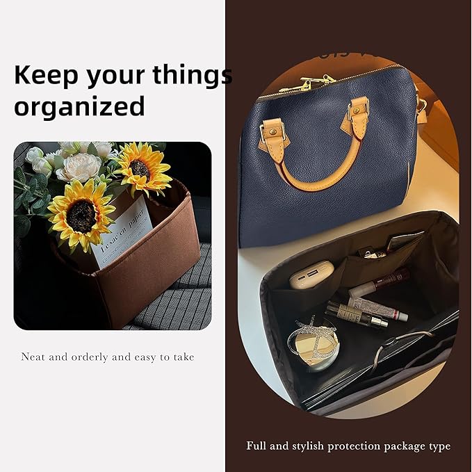 DGAZ Silk Purse Organizer Insert Fits LV Speedy 16/20/25/30/35/45 bags，Silky Smooth Bag Organizer，Luxury Handbag & Tote Shaper（Global Brown，SP16）