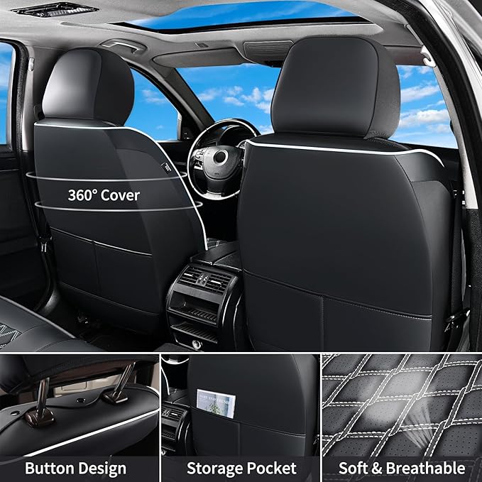 Huidasource Tacoma Front Car Seat Covers, Leather Seat Cushion Cover Fit for 3rd Gen Toyota Tacoma 2016-2023 Double&Crew Cab SR,SR5, Limited,TRD Pro, TRD Sport, TRD Off-Road(Front Pair/Black&White)