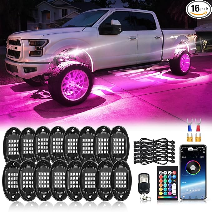 16Pods Segmented RGB LED Rock Lights Kit with APP/RF Remote Control, Upgraded Multicolor RGB Underglow Lights Brake Light for Jeep Golf Cart Trucks Pickup Neon Waterproof 12V Underbody Fender Light