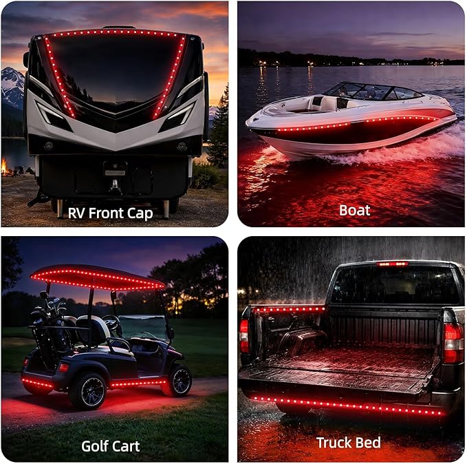 12V Marine Boat LED Light Strip Super Bright, 2 Pack 2FT IP68 Fully Waterproof RV Front Cap Lights, Golf Cart Underglow Roof Lights Strip for Truck ATV UTV SUV Car Pickup Trailer, Cuttable, Red