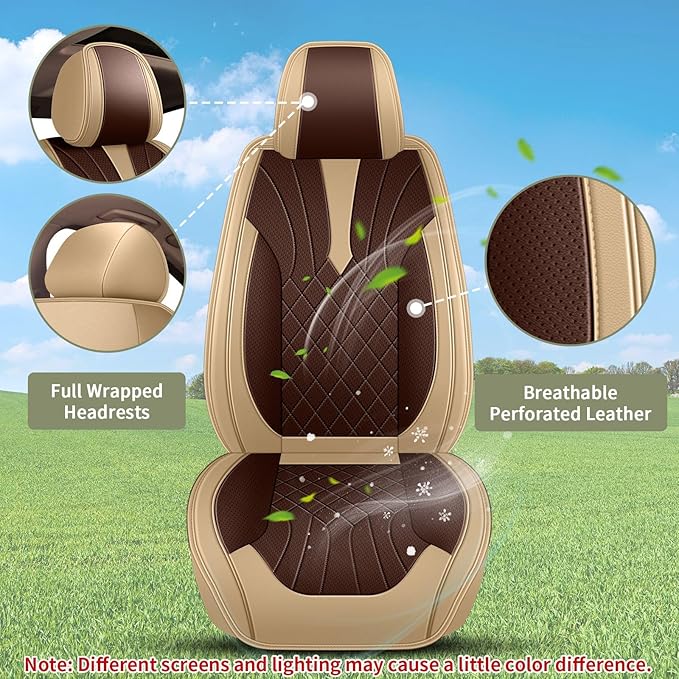 Breathable Car Seat Covers for Nissan Maxima 2026 2025 2024 2023 2022 2021 2020 2019 2018 2017 2016 2015 2014 2013 2012 2011, Perforated Leather Full Set, for Nissan Maxima Accessories (Beige&Brown)