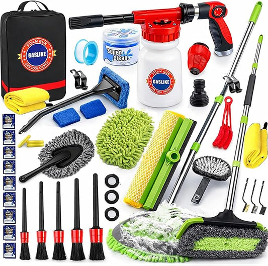 GASLIKE 63PCS Car Wash Cleaning Kit,Car Wash Brush with Long Handle,Car Detailing Kit with Foam Gun,Car Cleaning Supplies,Handheld Vacuum, Car Detailing Kit (62PCS)