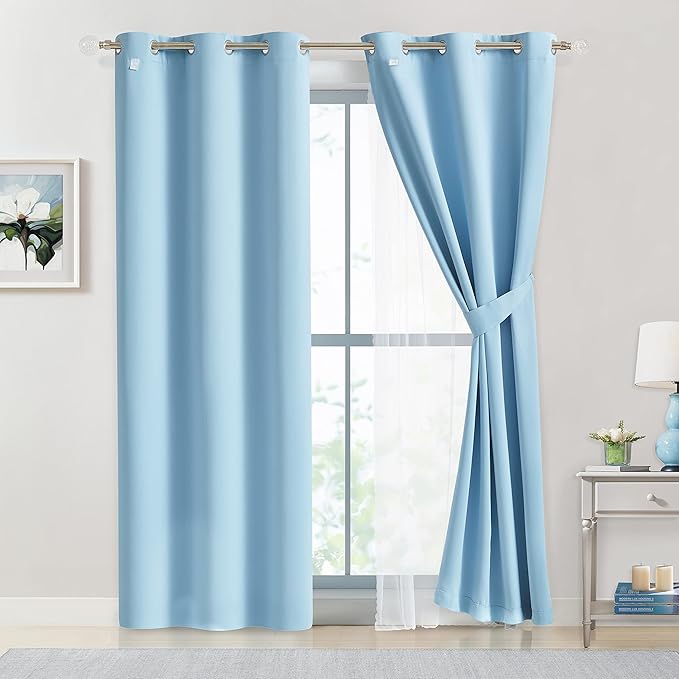 Bujasso Sky Blue 80% Blackout Curtains with Sheer Overlay Mix and Match Double Layer Thermal Insulated Window Panels 63 inch for Living Room Bedroom Blue Drapes with Tiebacks Grommet Top 37" Wx63 Lx2