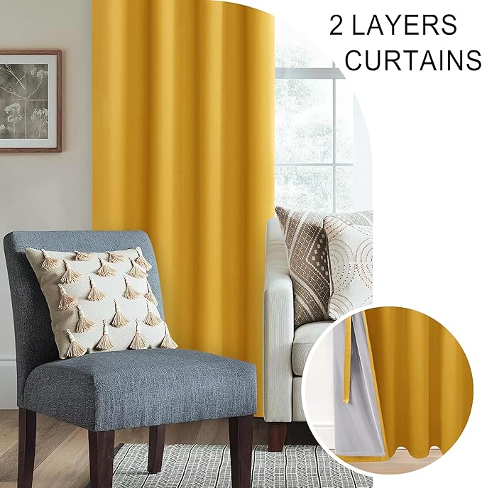 XWZO 100% Blackout Curtains 45 Inches Long with Tiebacks- Soundproof & Energy Efficiency Window Draperies Grommet Top with Black Liner for Bedroom/Living Room, Yellow, W42 x L45, Set of 2