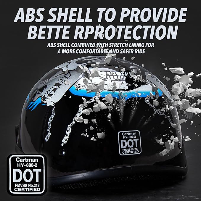 Cartman Cruiser Scooter Motorcycle Half Face Helmet, Blue Skull Graphics, DOT Approved for Bike Scooter ATV UTV Chopper, Large