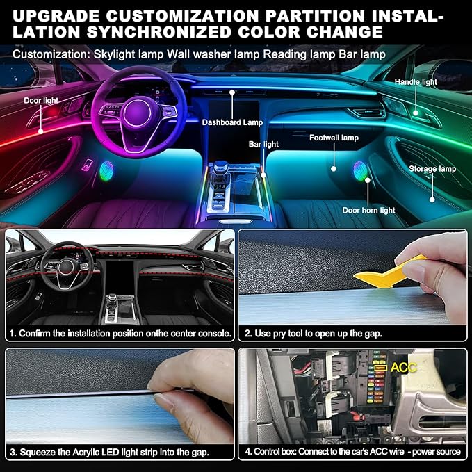 Dreamcolor Acrylic Interior Car LED Strip Light with Wireless APP, Dual Zone RGB 22 in 1 with 175 inches 600 LEDs Fiber Optic Ambient Lighting Kits, Music Sync Neon LED Strip for Car Accessories