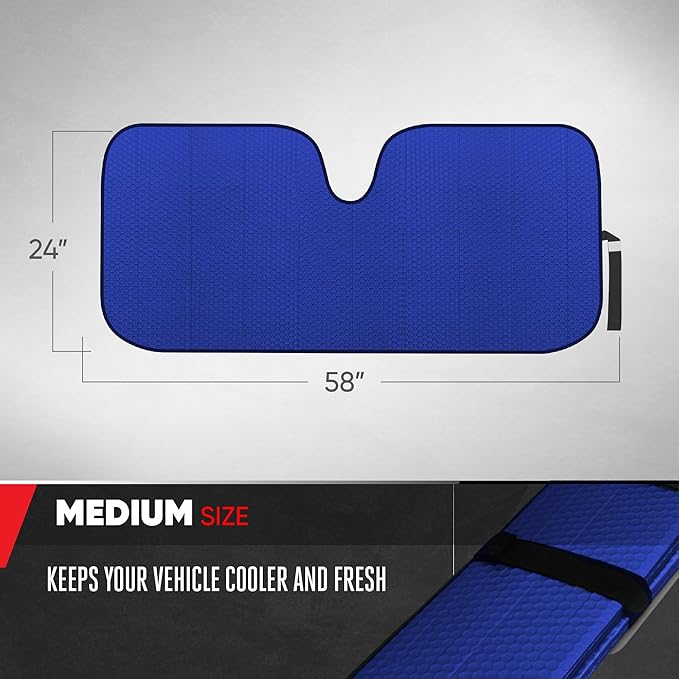 Motor Trend Front Windshield Sun Shade - Accordion Folding Auto Sunshade for Car Truck SUV - Blocks UV Rays Sun Visor Protector - Keeps Your Vehicle Cool - 58 x 24 Inch (Blue)