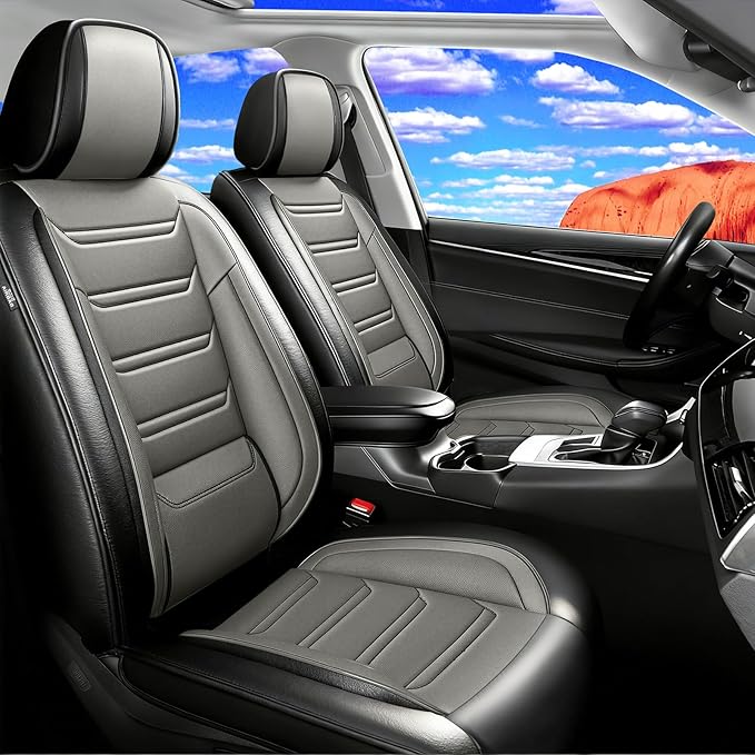 Fit Blazer Car Seat Covers for Select Chevrolet/Chevy Blazer 2019-2026, Premium Full Coverage Leather, Airbag Compatible, Waterproof All Weather Seat Cushion Protector, Front Pair Black+Gray