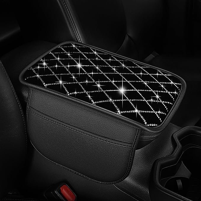 Bling Armrest Cover for Car Compatible with Jeep Cherokee - Center Console Cover with 2 Storage Pockets and Crystal Diamond(Black)