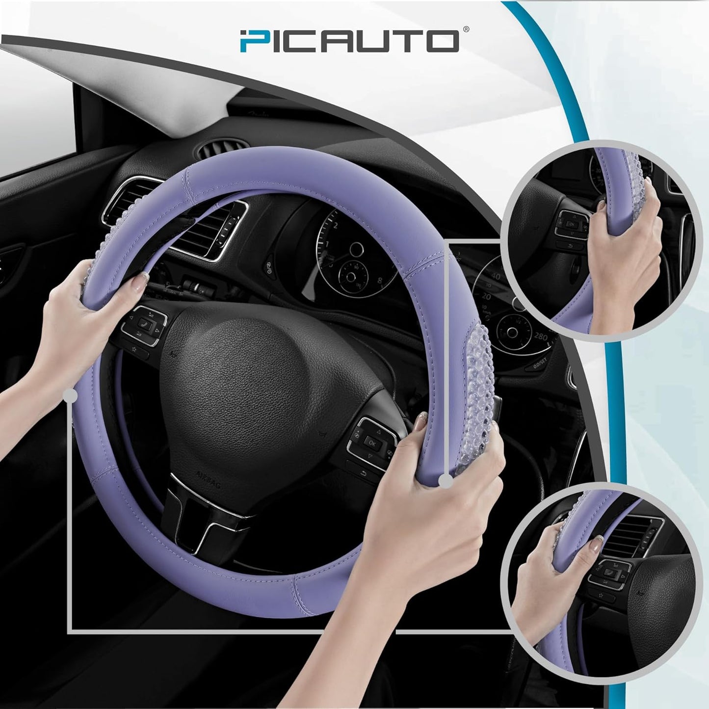 PIC AUTO Gel Particles Steering Wheel Cover, Purple Luxury Leather Car Steering Wheel Protector, Universal Fit 14.5"-15.5" Anti-Slip Car Interior Accessories for Girls & Women