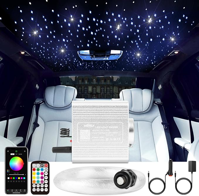 CHINLY 500pcs Starlight Headliner Kit,Twinkle Star Lights for Car Ceiling,APP Starlights Headliner Kit,Fiber Optic Star Ceiling Lights,RGBW+Music Mode Starlight Kit,(0.03in+0.04in+0.06in)*9.8ft