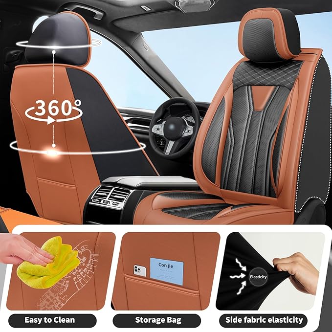 Fit Kicks Car Seat Covers， Compatible with Nissan Kicks 2018-2026 -Premium Leather, Waterproof Breathable All-Weather Seat Cushion Protector Airbag Compatible（2 Seats Front Pair，Brown & Black