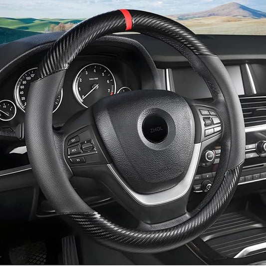 Carbon Fiber Steering Wheel Cover, Universal 15 inch Breathable Microfiber Leather Steering Wheel Covers for Men and Women, Anti Slip Car Interior Accessories, Black