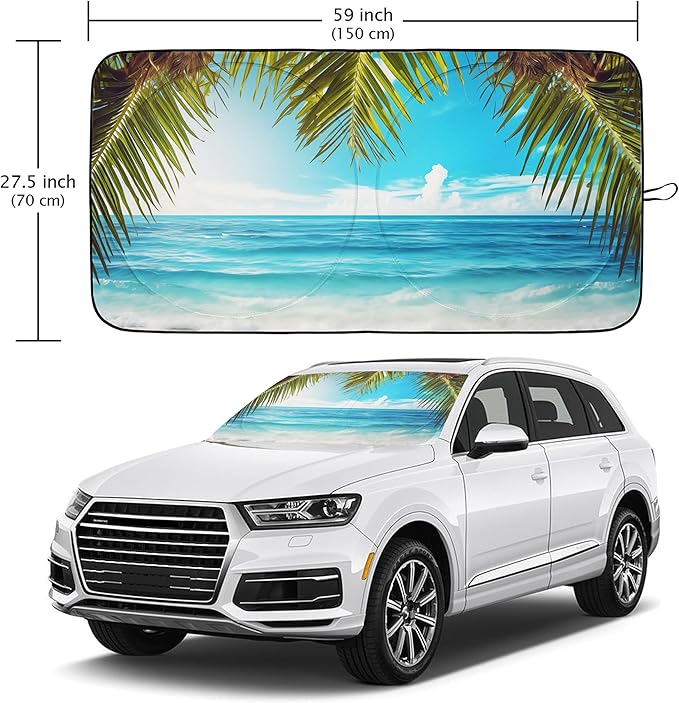 Beach Palm Car Windshield Sun Shade Foldable Sunshade Front Window Cover Sun Visor Protector Accessories (59x27.5 inches)