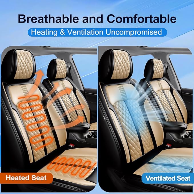 Fit Malibu Car Seat Covers for Chevrolet/Chevy Malibu 2009-2025, Full Coverage Leather, Airbag Compatible, Waterproof All Weather Breathable Seat Cushion Protector, Full Set, Black+Beige