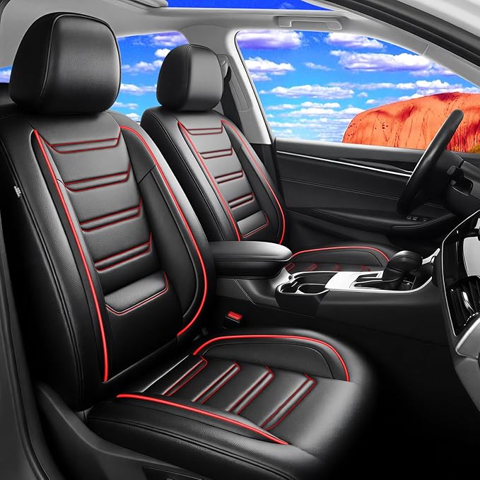 Fit Malibu Car Seat Covers for Select Chevrolet/Chevy Malibu 2009-2025, Full Coverage Leather, Airbag Compatible, Waterproof & All Weather Seat Cushion Protector, Full Set, Black with Red Trim