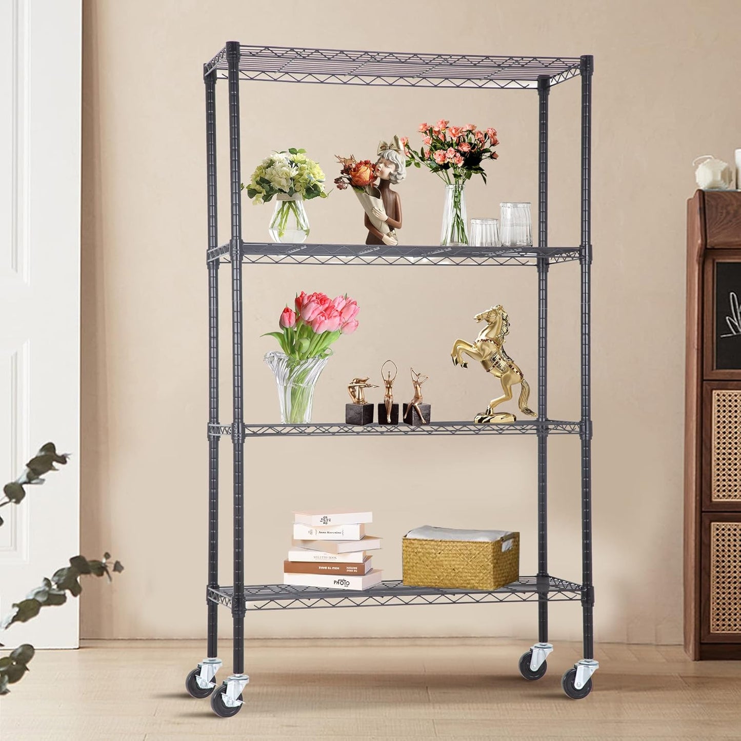4-Tier Adjustable NSF-Certified Metal Shelf 36L x 14W x 62H Wire Shelving Unit Storage with Wheel for Small Places Restaurant Garage Pantry Kitchen Garage Rack,Black