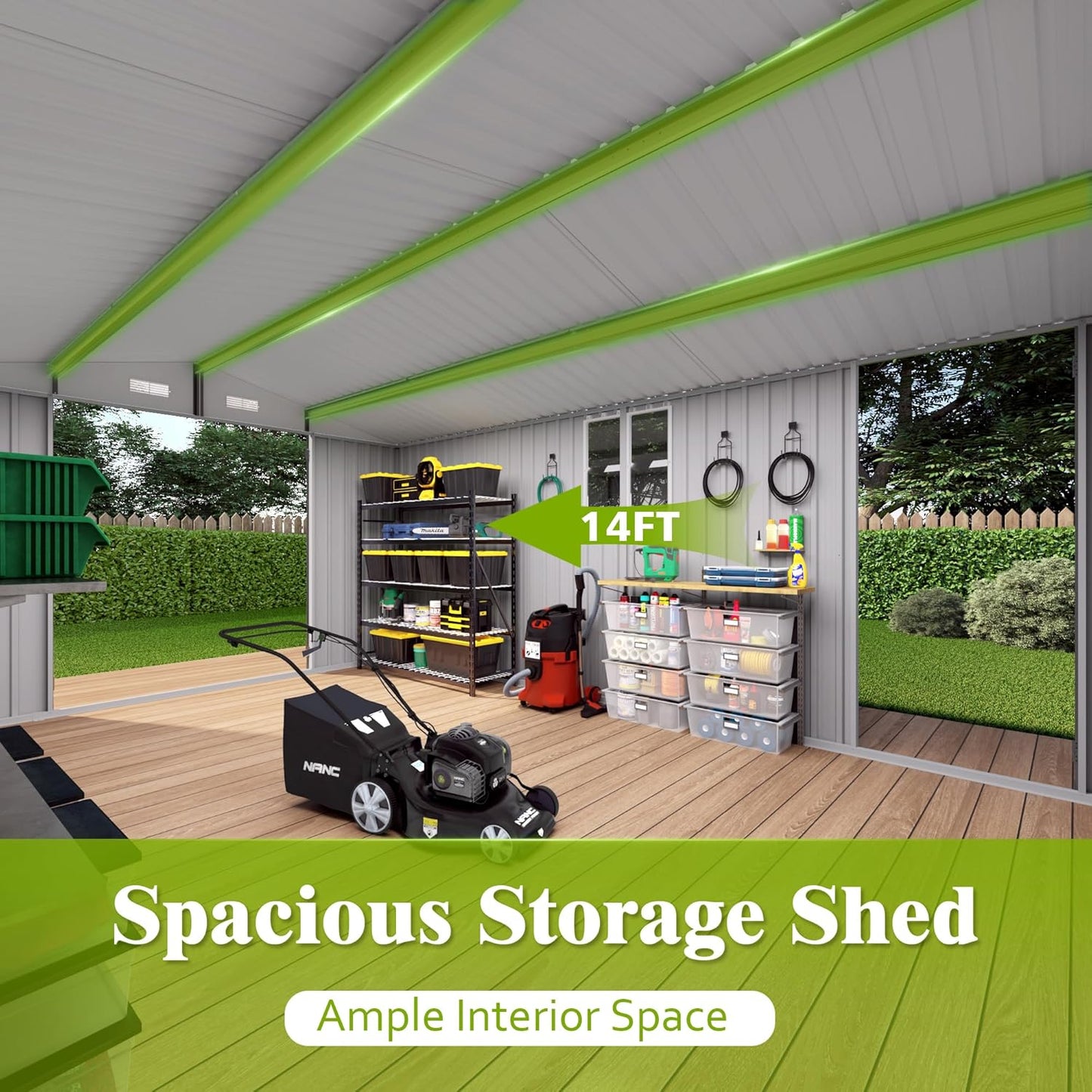 10 x 14 FT Outdoor Storage Shed, Metal Garden Tool Shed with Slooping Roof, Lockable Doors, All-Weather Bike Shed Easy to Assemble for Backyard, Patio, Lawn, White+Black