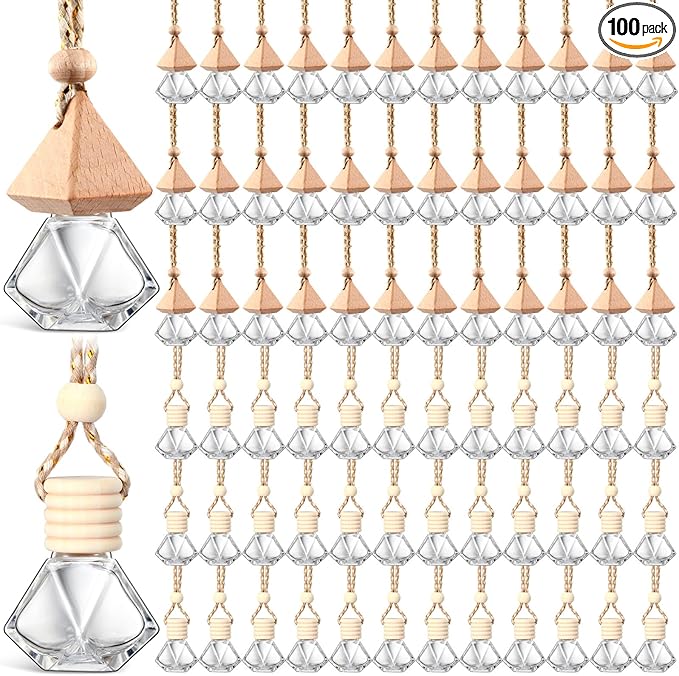 BBTO 100 Pcs Car Air Fresheners Diffuser with Wooden Cap Empty Aromatherapy Diffuser Clear Car Fragrance Holder Pendant Hanging Perfume Fresheners Bottles for Decor(Diamond,Clear)