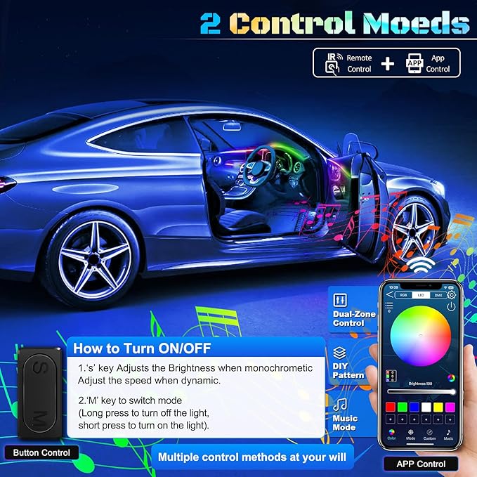 Dreamcolor Acrylic Interior Car LED Strip Light with Wireless APP, Dual Zone RGB 10 in 1 with 175 inches 593 Neon Car Ambient Lighting Kits, Music Sync LEDs Fiber Optic Strip Neon Lights for Car