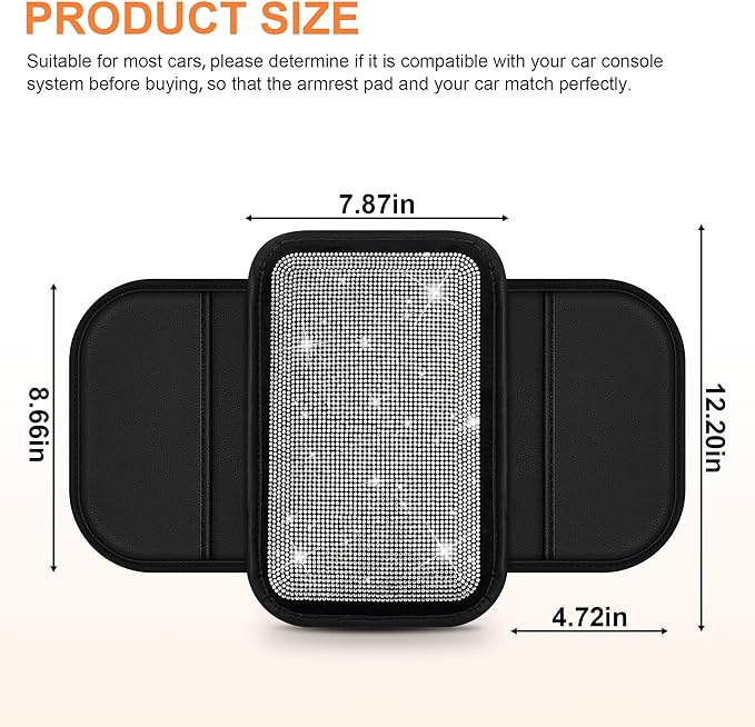 Bling Car Center Console Cover Custom Fit for Jeep Renegade - Leather Armrest Cover with 2 Storage Pockets and Crystal Rhinestones(Black)